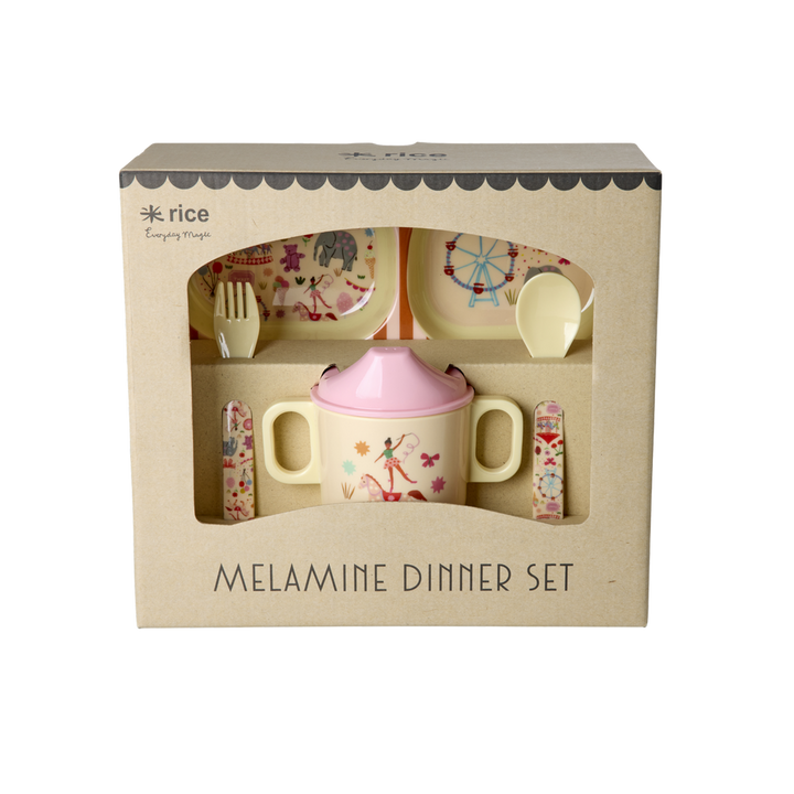 Melamine Baby Dinner Set in Gift Box - Fun Fair Print - Pink - 4 pcs - - Rice By Rice