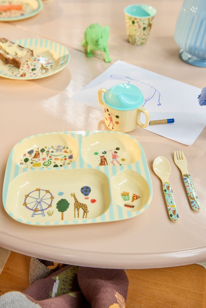 Melamine Baby Dinner Set in Gift Box - Fun Fair Print - Mint - 4 pcs - Rice By Rice