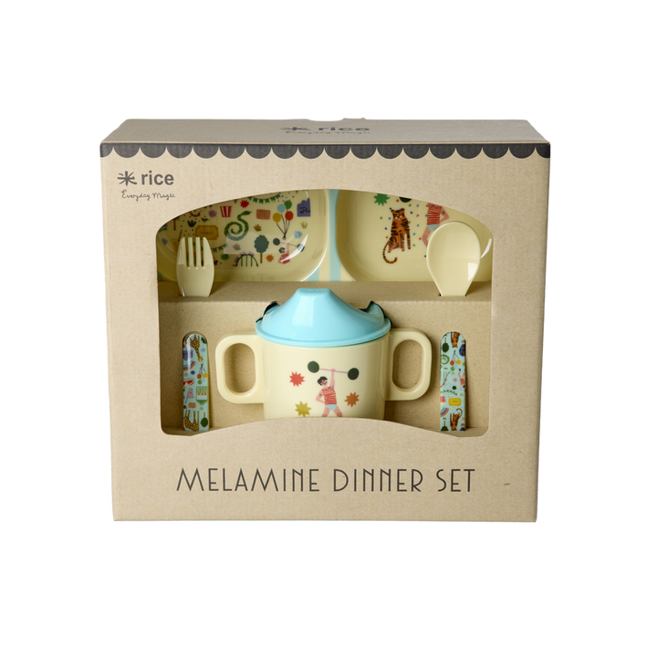Melamine Baby Dinner Set in Gift Box - Fun Fair Print - Mint - 4 pcs - Rice By Rice