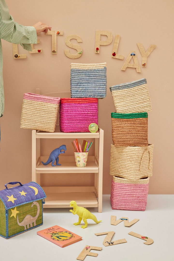 Small Square Raffia Storage Basket with a Pink Top - Rice By Rice