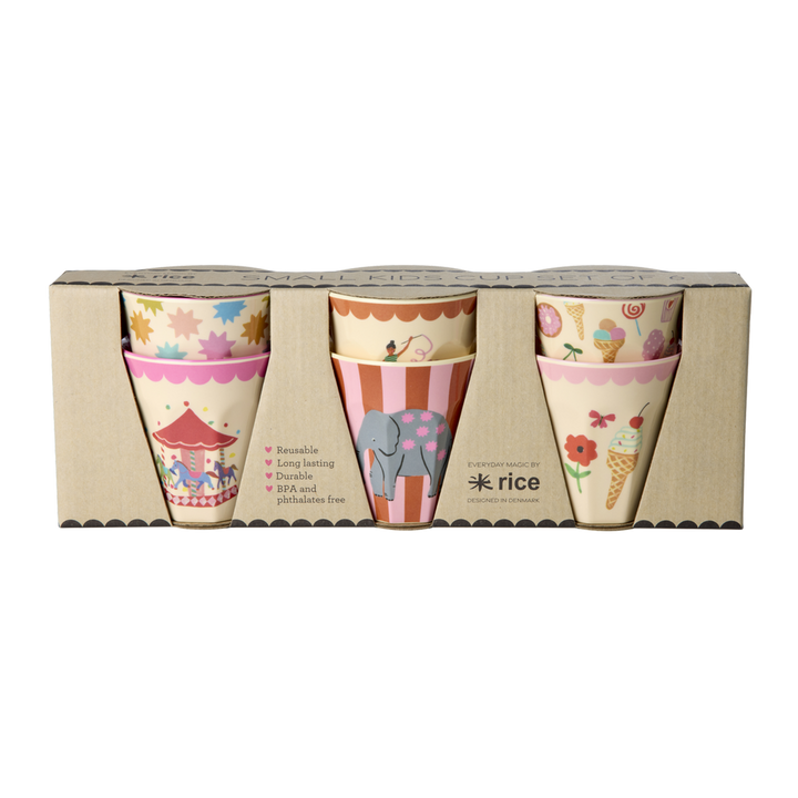 Melamine Kids Cups in Fun Fair Pink Prints - Small - 6 pcs. in Gift Box - - Rice By Rice