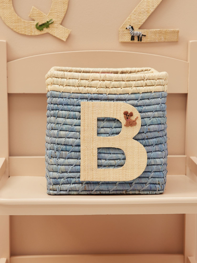 Raffia Basket in Blue with Nature Border with One Raffia Letter - B - Rice By Rice