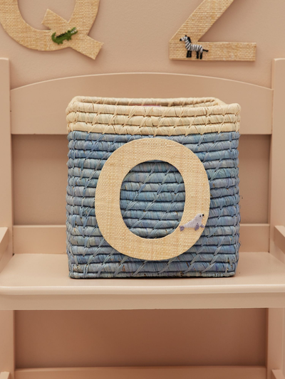 Raffia Basket in Blue with Nature Border with One Raffia Letter - O - Rice By Rice
