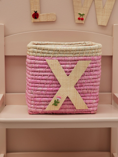 Raffia Basket in Soft Pink in Nature Border with One Raffia Letter - X - Rice By Rice