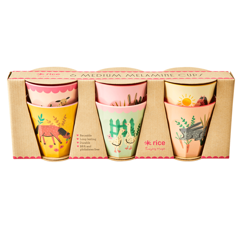 Melamine Kids Cups in Pink Farm Prints - Medium - 6 pcs. in Gift Box – Rice  By Rice