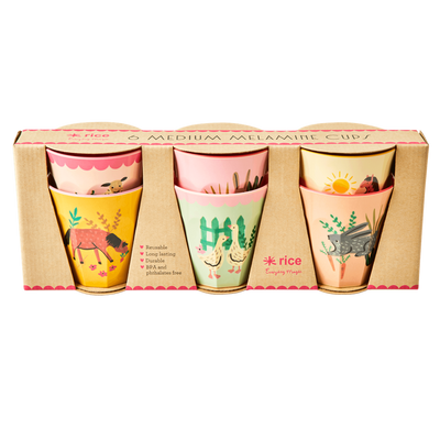 Melamine Kids Cups in Pink Farm Prints - Medium - 6 pcs. in Gift Box - Rice By Rice