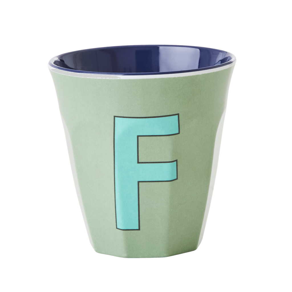 Two Melamine Cups - Medium with Alphabet in Bluish Colors | Letter F - Rice By Rice