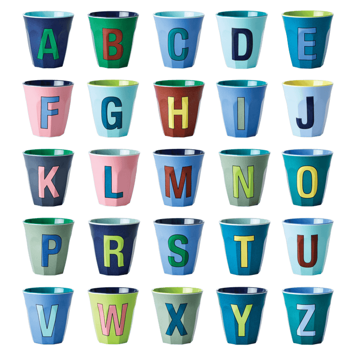 Two Melamine Cups - Medium with Alphabet in Bluish Colors | Letter A - Rice By Rice