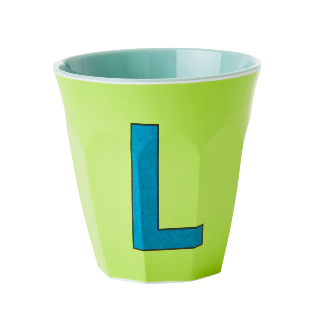 Two Melamine Cups - Medium with Alphabet in Bluish Colors | Letter L - Rice By Rice
