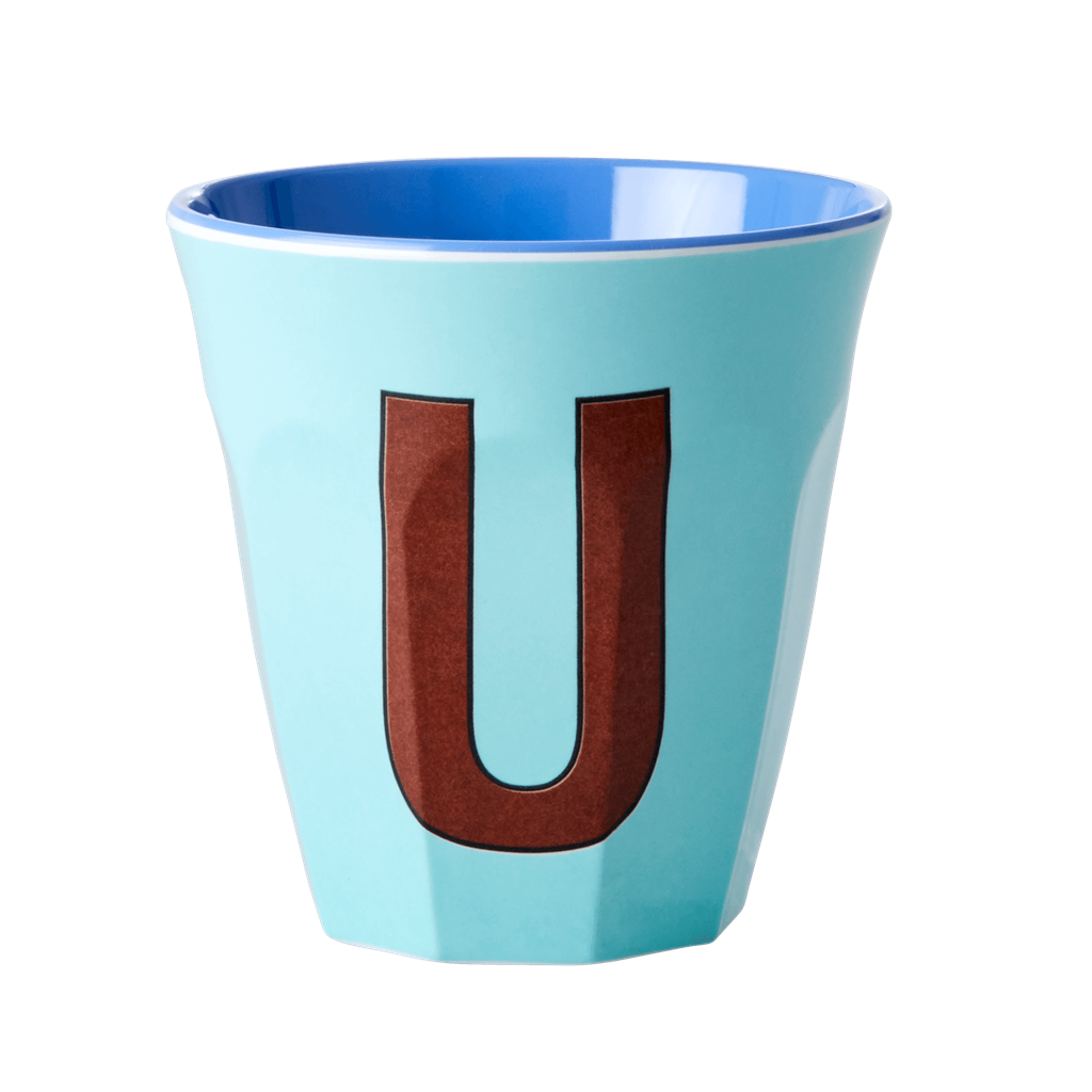 Two Melamine Cups - Medium with Alphabet in Bluish Colors | Letter U - Rice By Rice