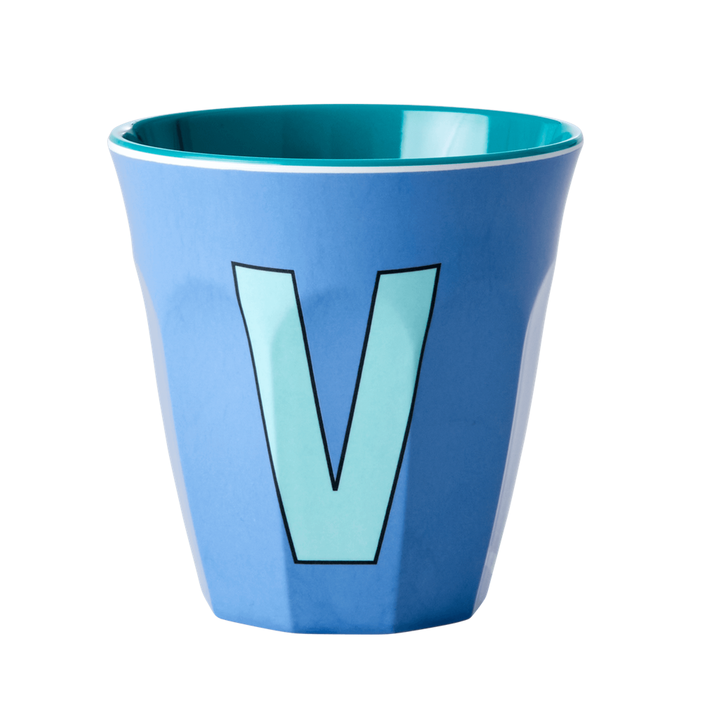 Two Melamine Cups - Medium with Alphabet in Bluish Colors | Letter V - Rice By Rice