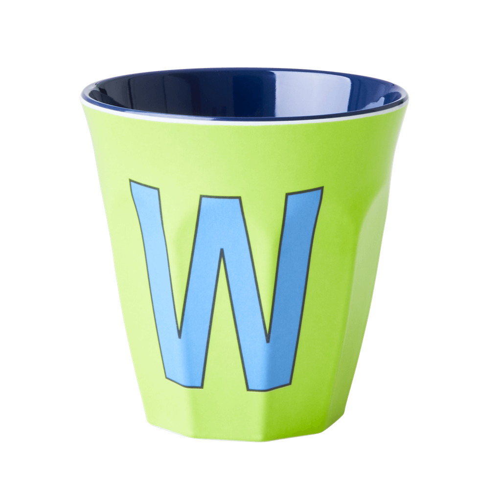 Two Melamine Cups - Medium with Alphabet in Bluish Colors | Letter W - Rice By Rice