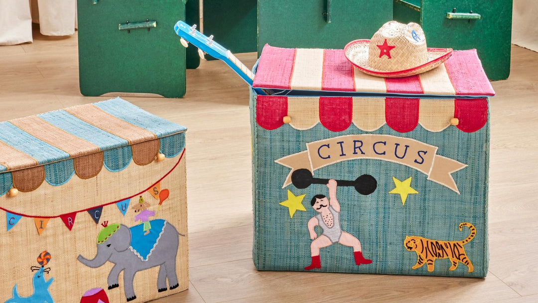 Raffia Storage Box with Circus Theme - Extra Large - Foldable - Rice By Rice