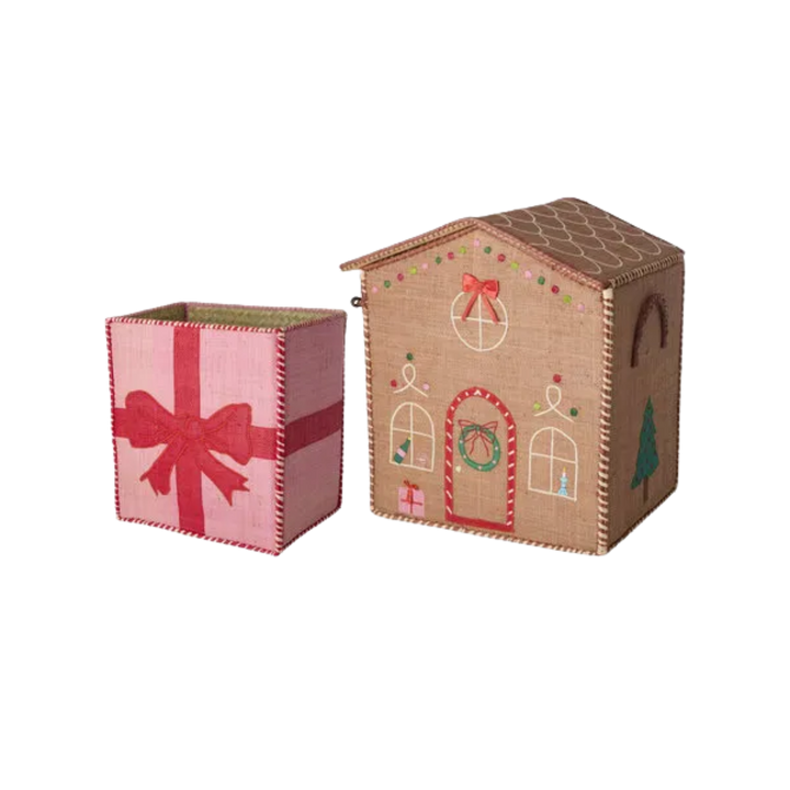 Raffia Christmas Baskets Gingerbread and Giftbox – Set of 2 - Rice By Rice