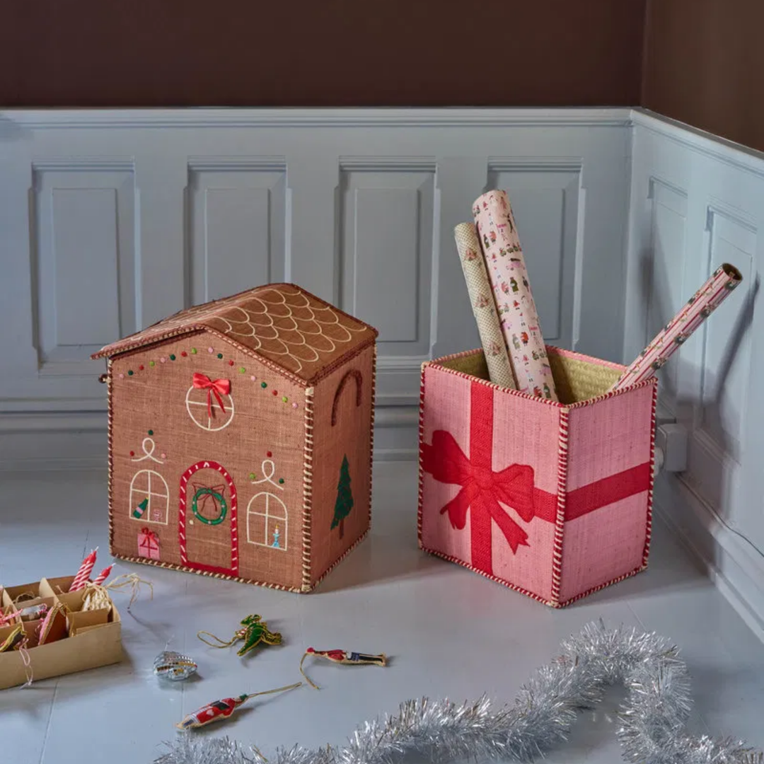 Raffia Christmas Baskets Gingerbread and Giftbox – Set of 2 - Rice By Rice