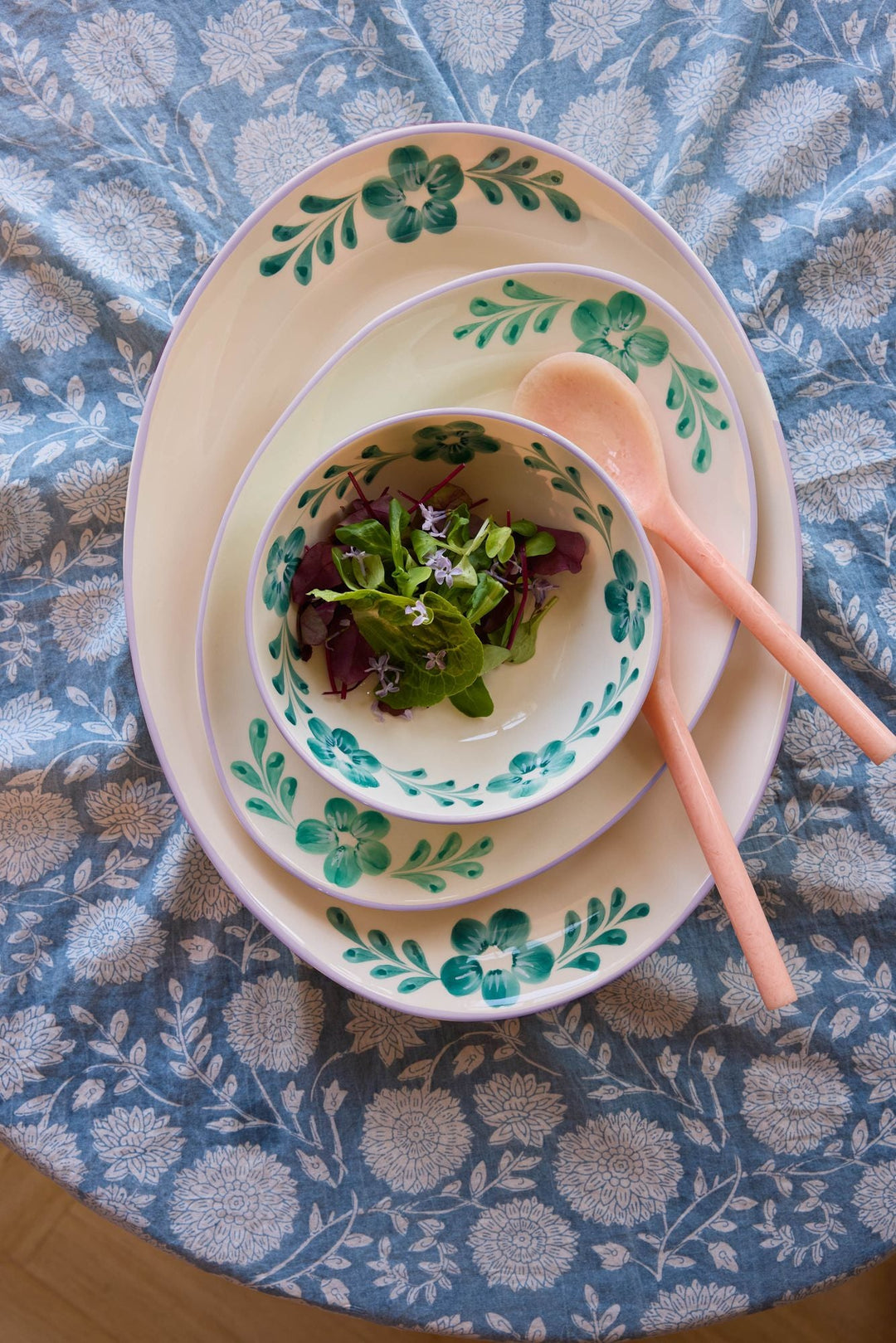 Ceramic Serving Platter with Hand-painted Green Flower Vine - Large - Rice By Rice