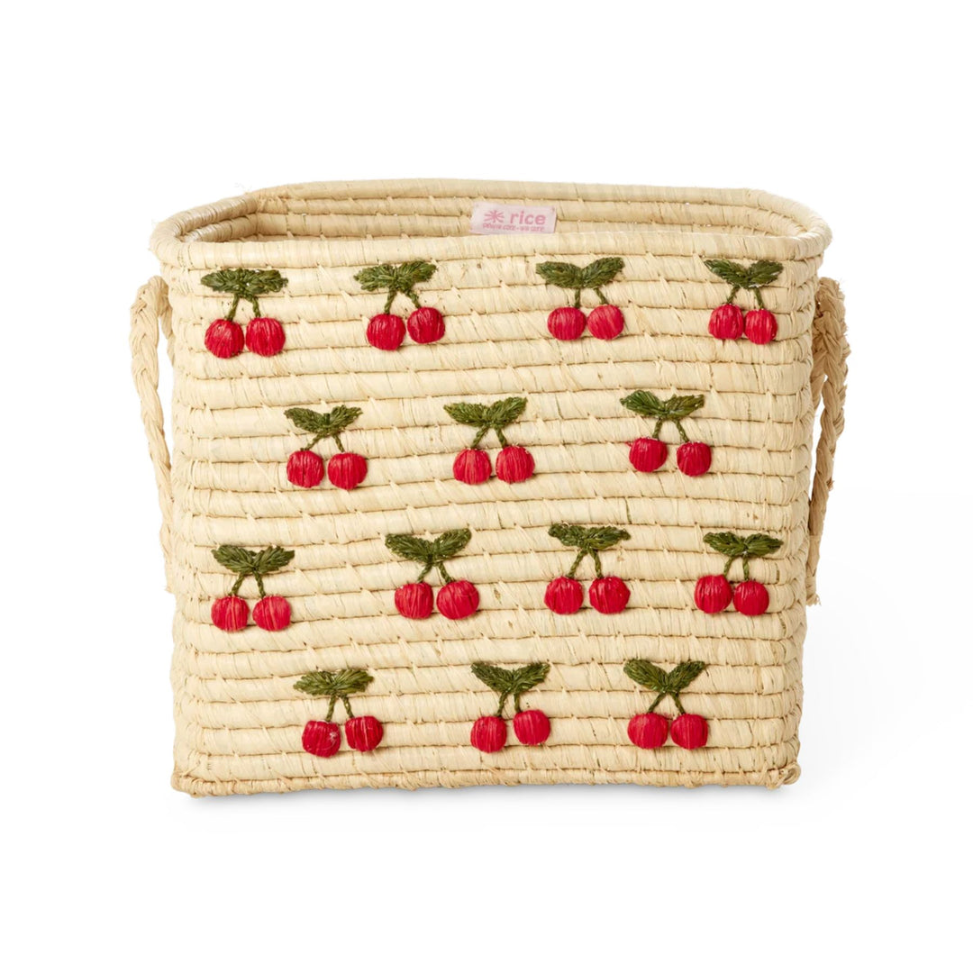 Square Raffia Basket - Nature - Small Cherries All Over Design