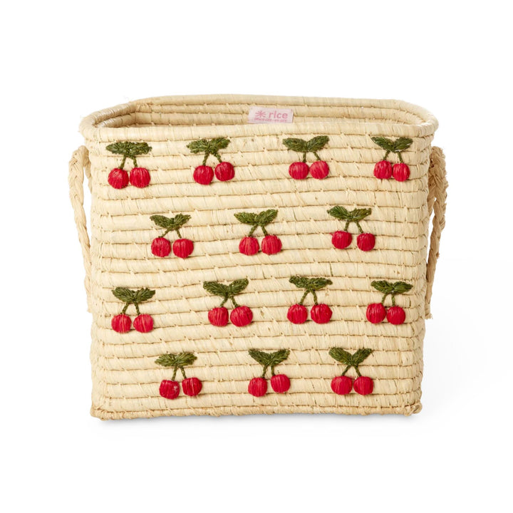 Square Raffia Basket - Nature - Small Cherries All Over Design