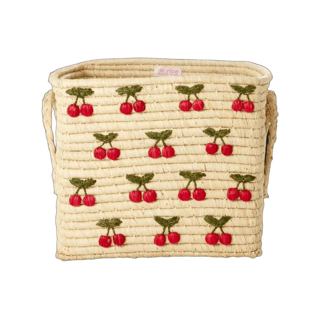 Square Raffia Basket - Nature - Small Cherries All Over Design - Rice By Rice