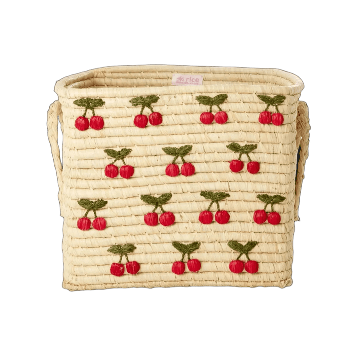 Square Raffia Basket - Nature - Small Cherries All Over Design - Rice By Rice