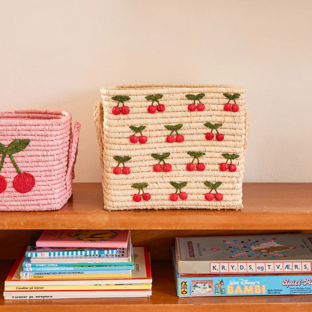 Square Raffia Basket - Nature - Small Cherries All Over Design