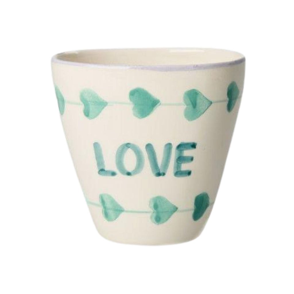 Ceramic Oval Cup with Hand-painted Green LOVE - 10.14 oz - Rice By Rice