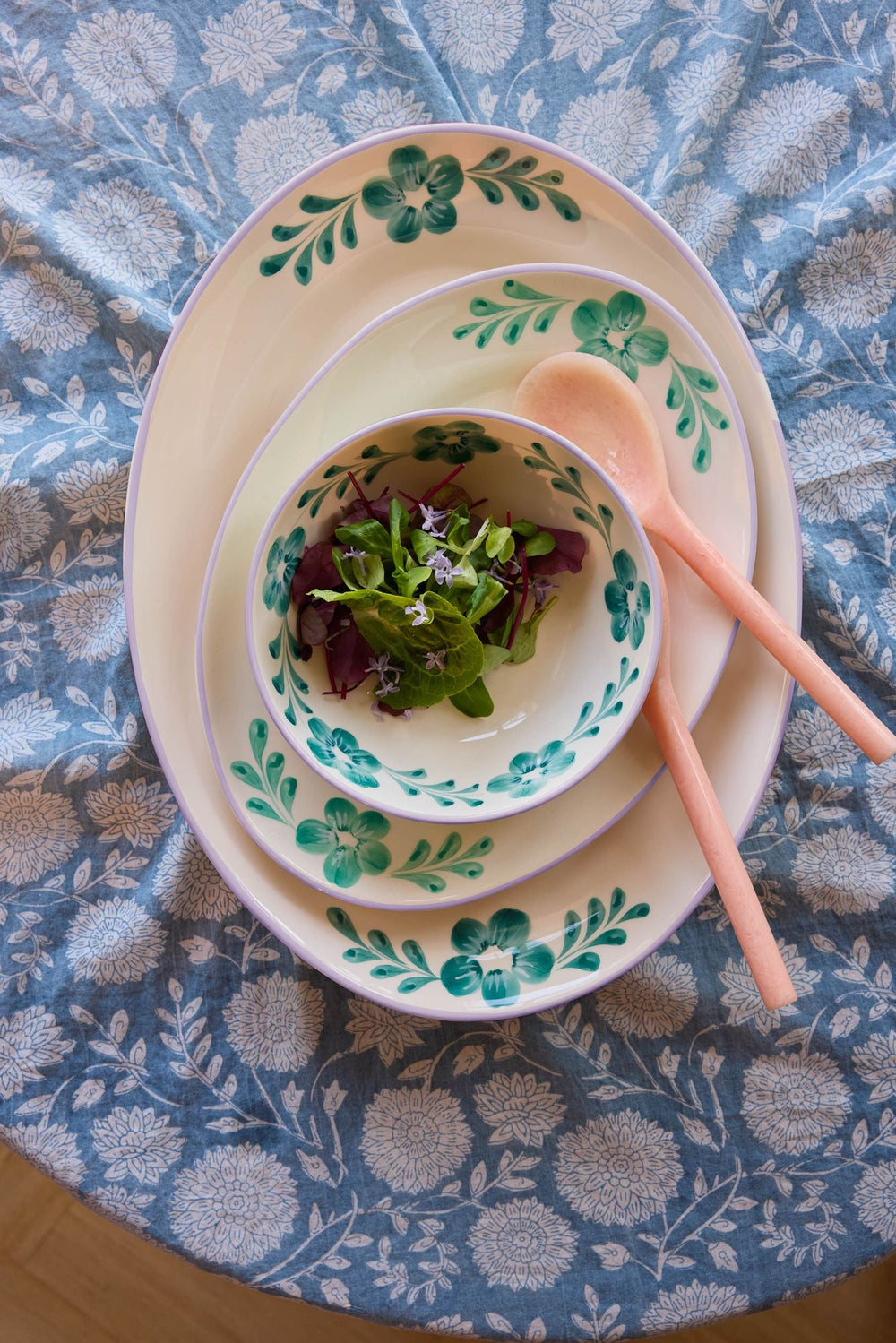 Ceramic Serving Platter with Hand-painted Green Flower Vine - Medium - Rice By Rice