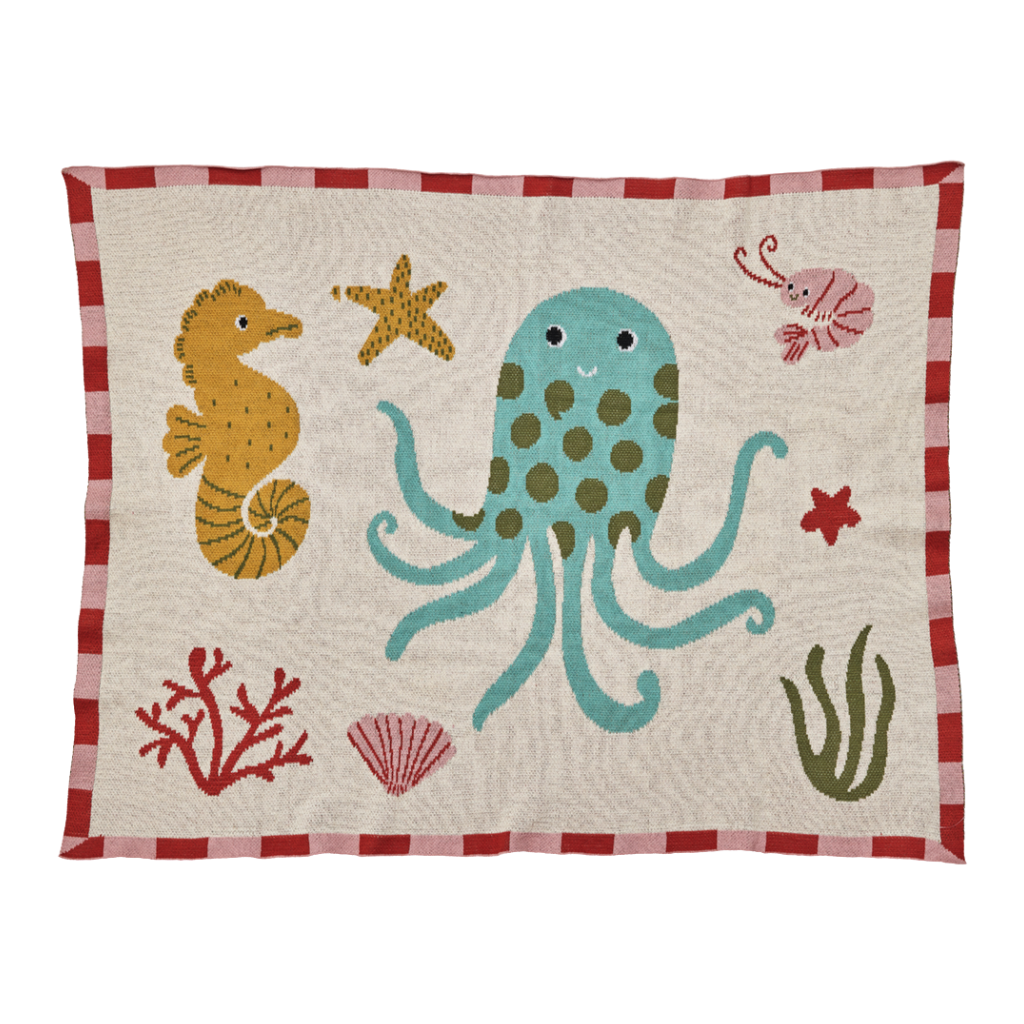 Cotton Baby Blanket - Coral - Ocean Design - Rice By Rice