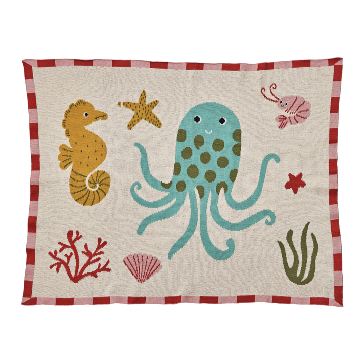 Cotton Baby Blanket - Coral - Ocean Design - Rice By Rice