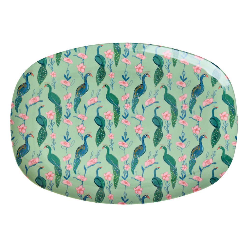 Large Rectangular Dinner Plate - Green - Peacock Power Print - Rice By Rice