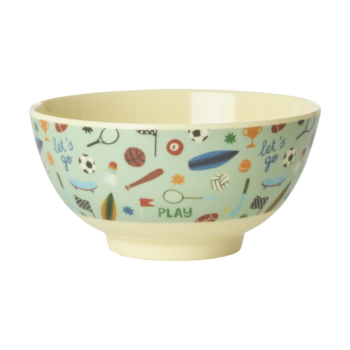 Medium Kids Bowl - Soft Green - Sports Print - Rice By Rice