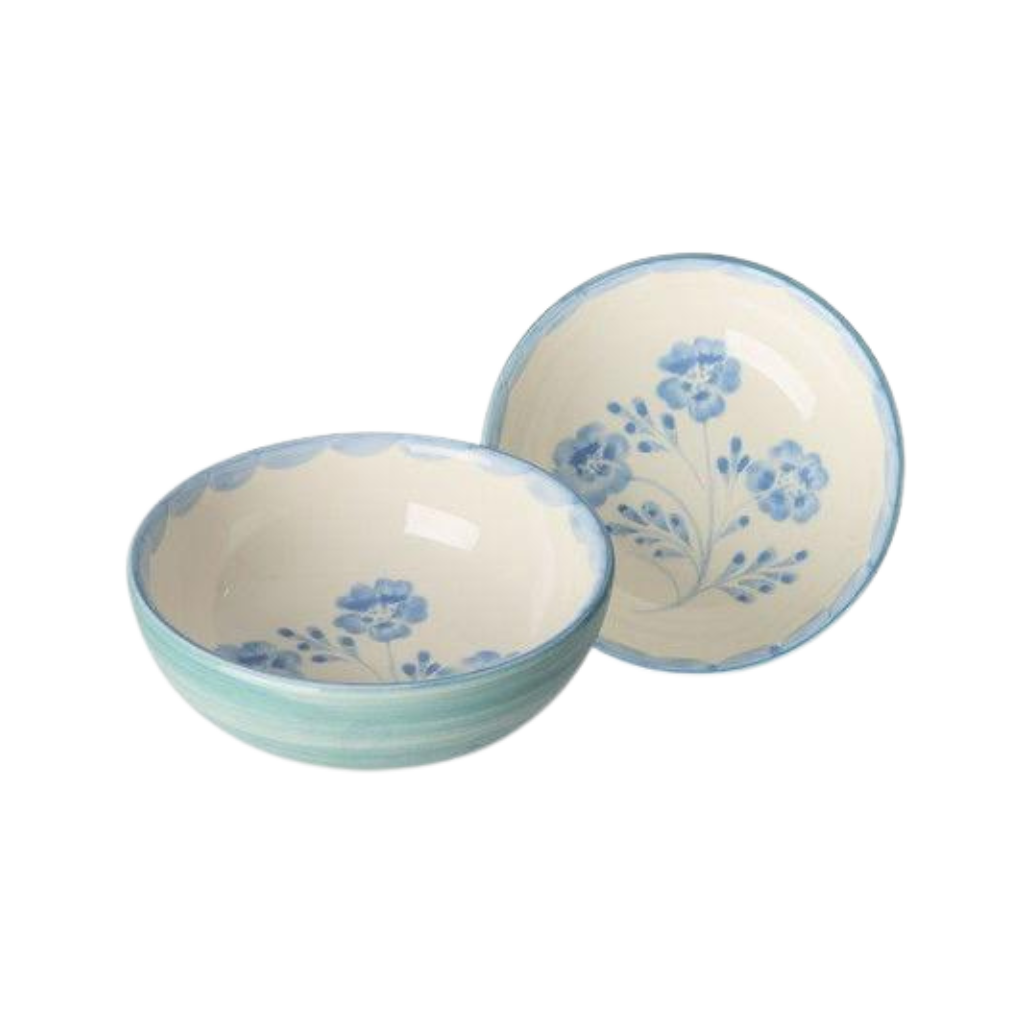 Ceramic Bowl with Hand-painted Blue Flowers - Green - 10.14 oz - Rice By Rice