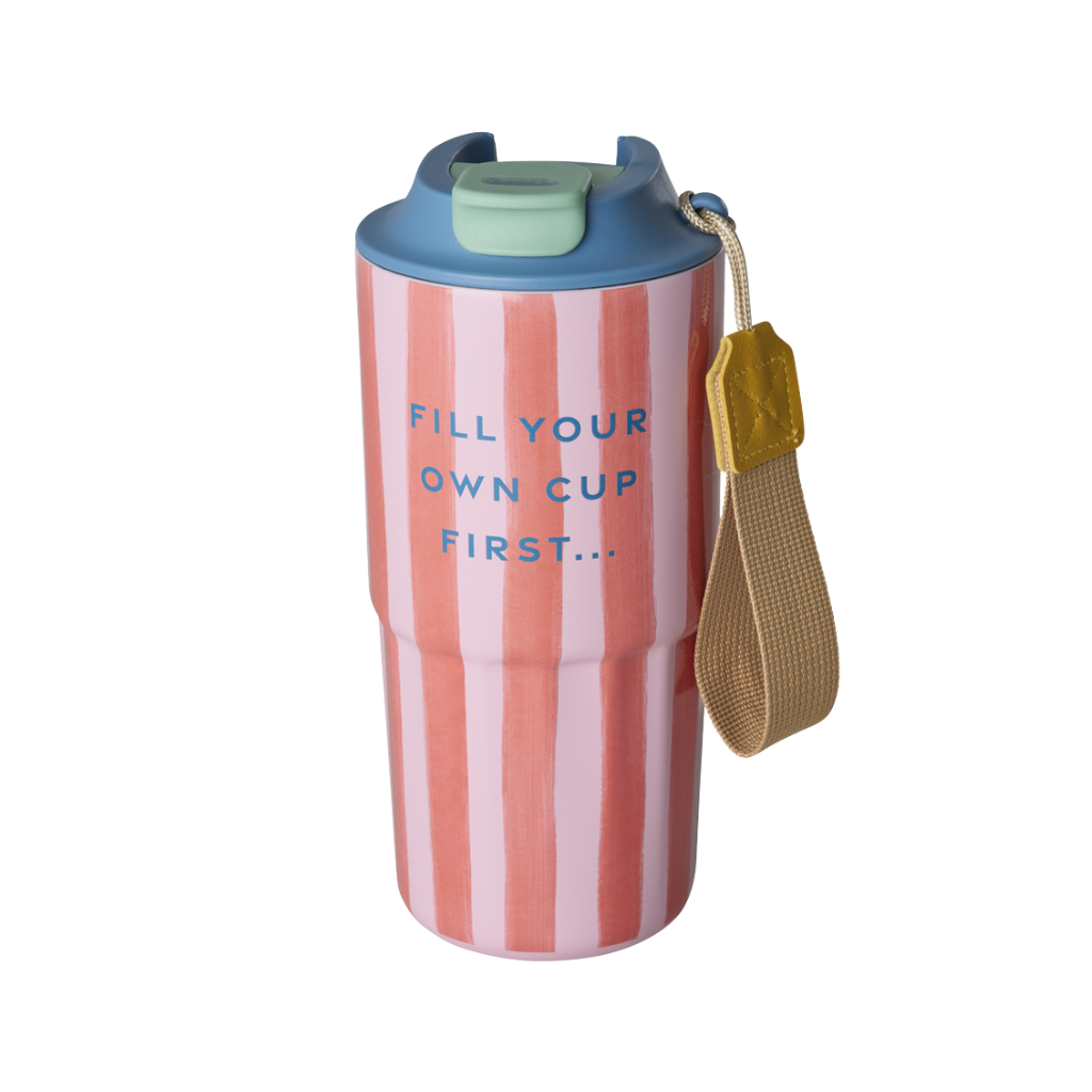 Stainless Steel Thermo Cup - Pink - Organic Stripes Print - Rice By Rice