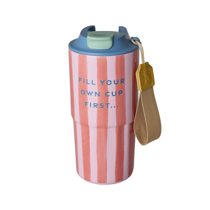 Stainless Steel Thermo Cup - Pink - Organic Stripes Print - Rice By Rice