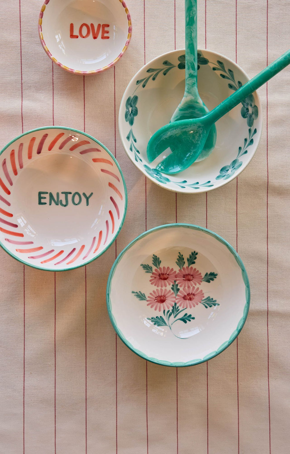 Ceramic Salad Bowl with Hand-painted Green Flower Vine - Large - 27.73 oz - Rice By Rice