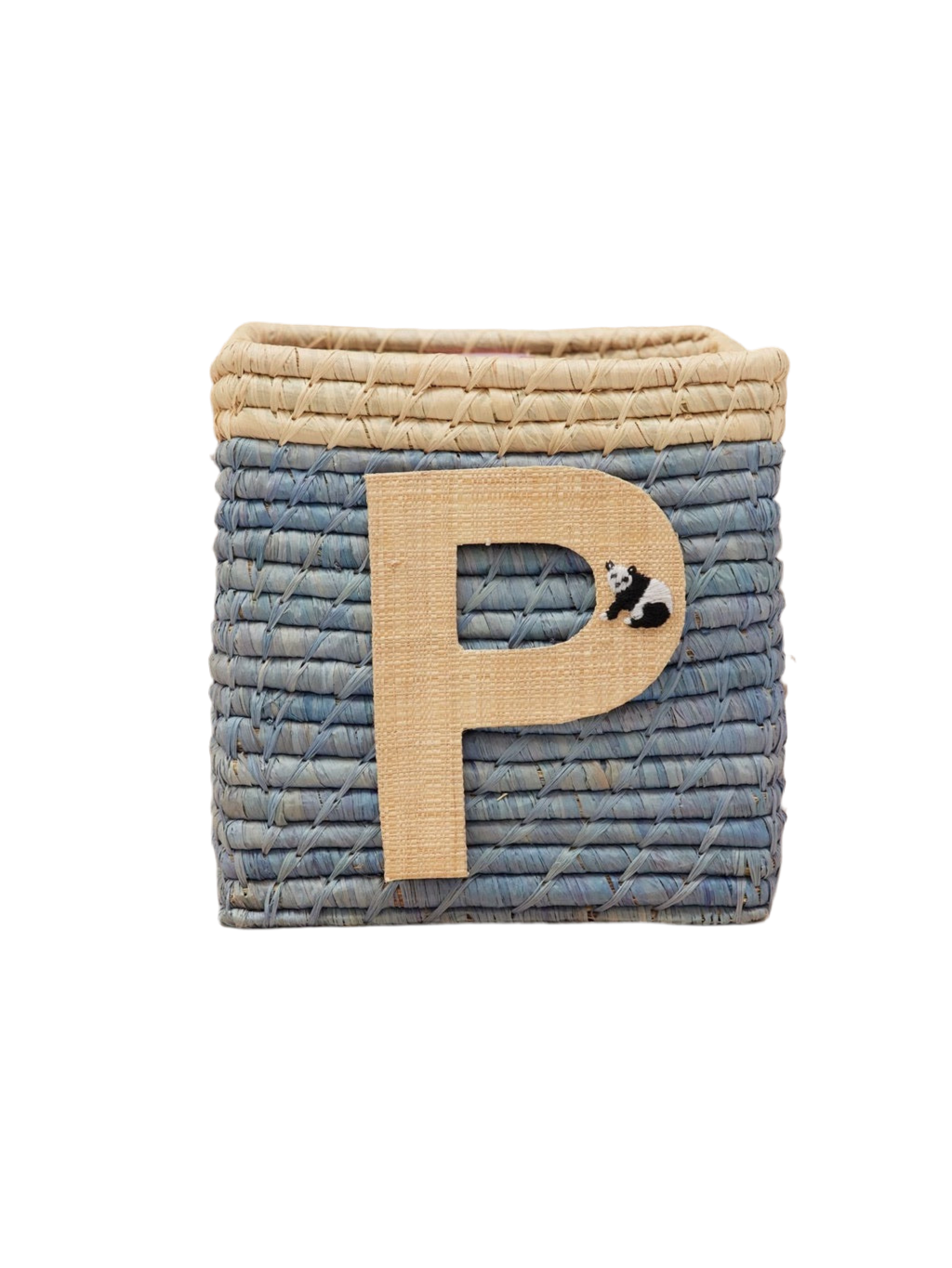 Raffia Basket in Blue with Nature Border with One Raffia Letter - P - Rice By Rice