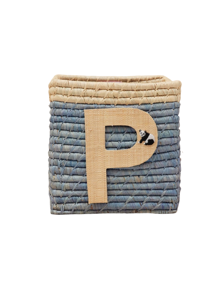 Raffia Basket in Blue with Nature Border with One Raffia Letter - P - Rice By Rice