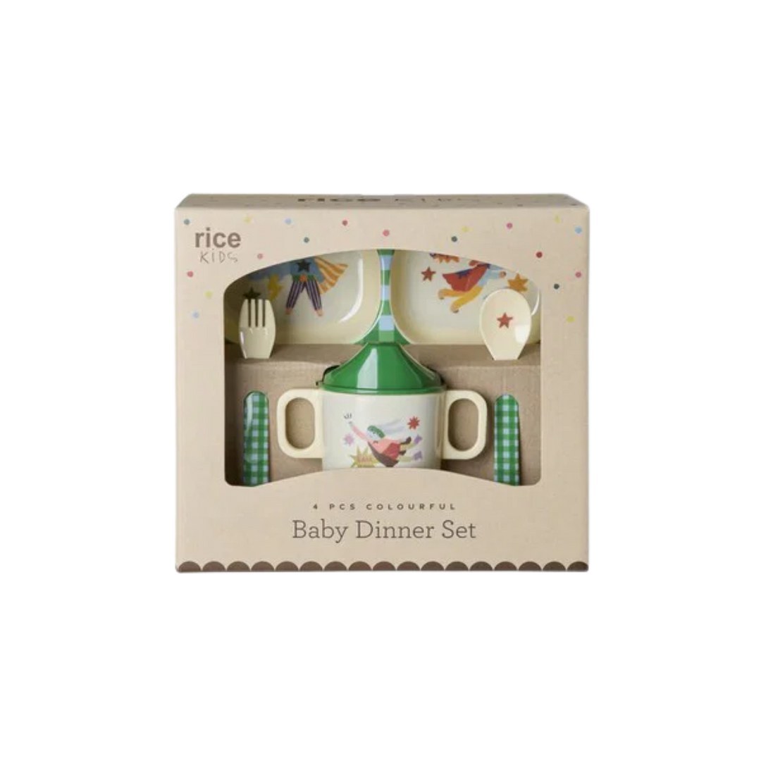Melamine Baby Dinner Set in Giftbox - Hero Print - Green - 4 pcs - Rice By Rice