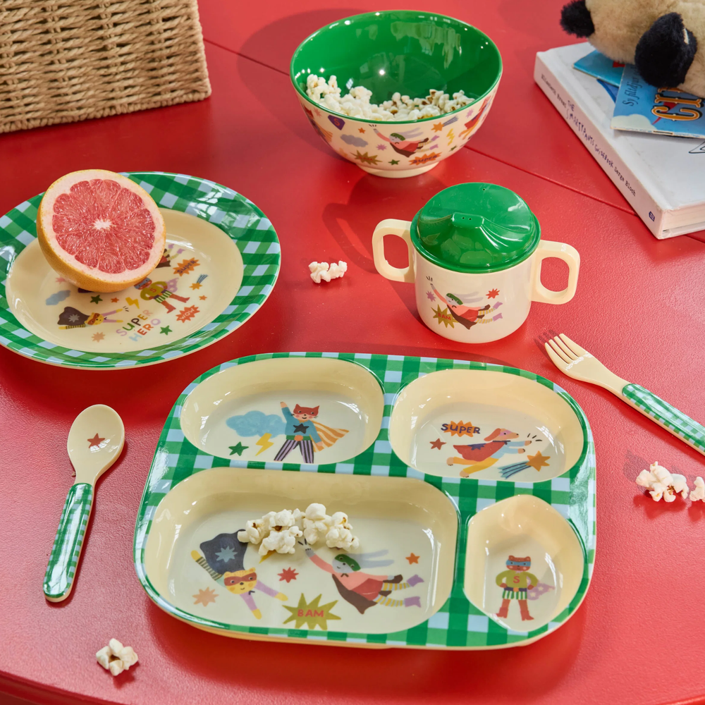 Melamine Kids 4 Room Plate with Hero Print - Green - Rice By Rice