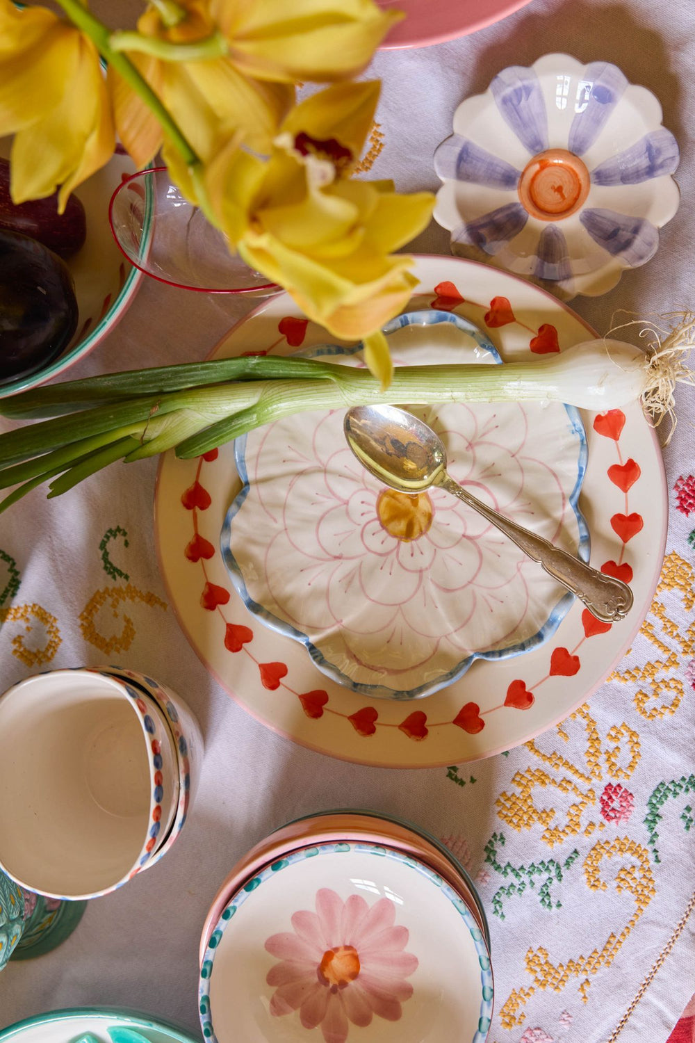 Ceramic Flower Dipping Bowl with Lavender Hand Painted Stripes - Rice By Rice