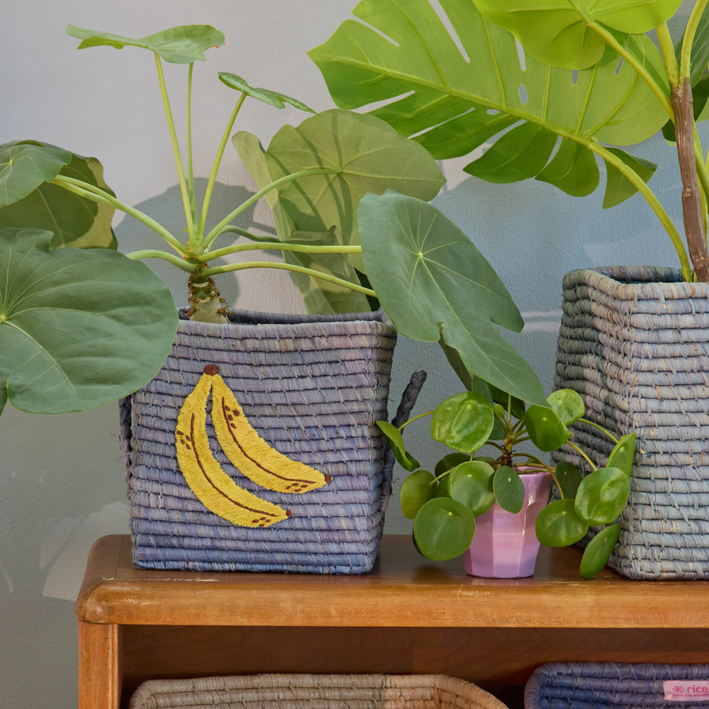 Small Square Raffia Basket - Blue - Banana - Rice By Rice