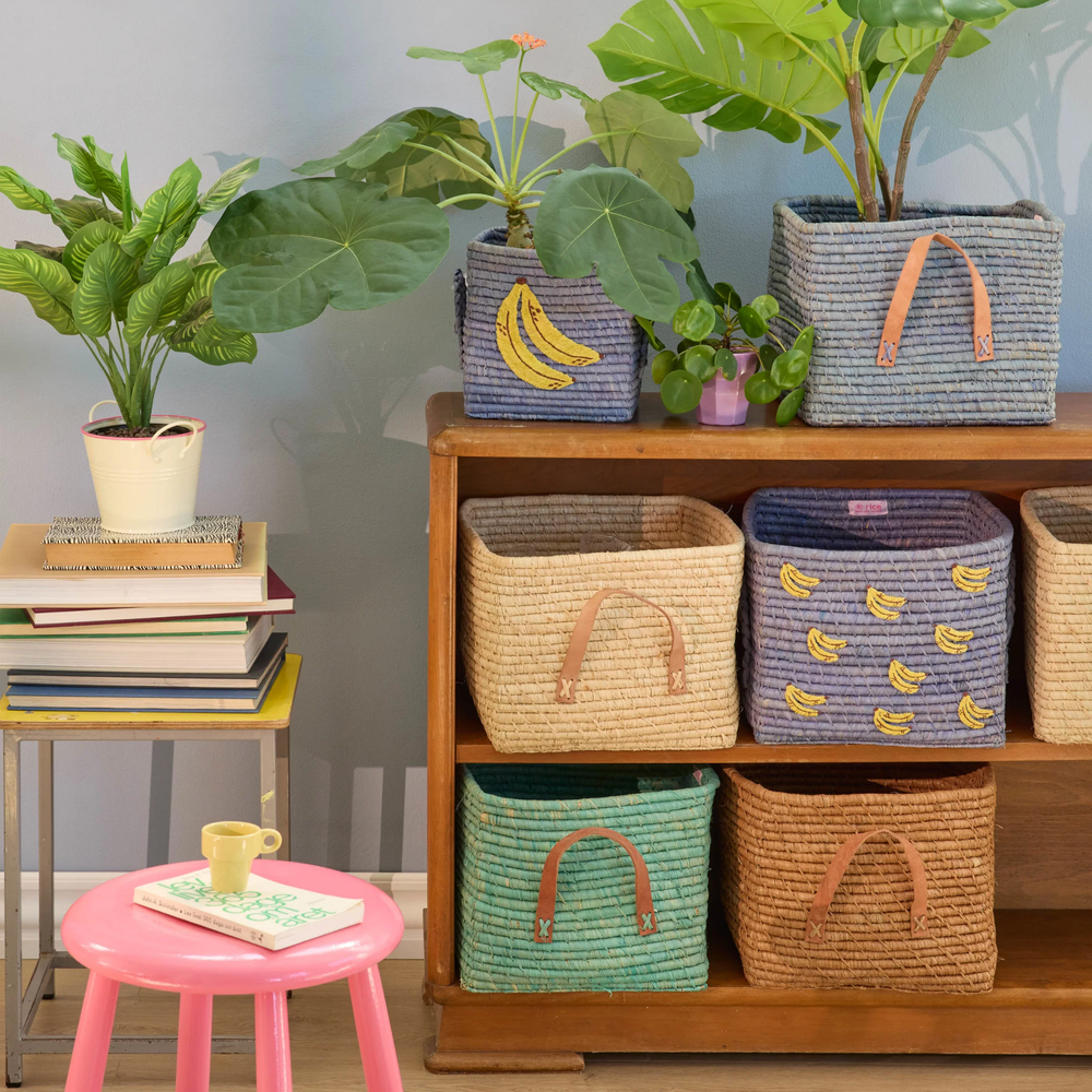 Square Raffia Basket - Blue - Banana - Rice By Rice