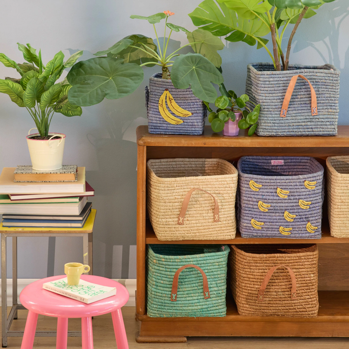 Square Raffia Basket - Blue - Banana - Rice By Rice
