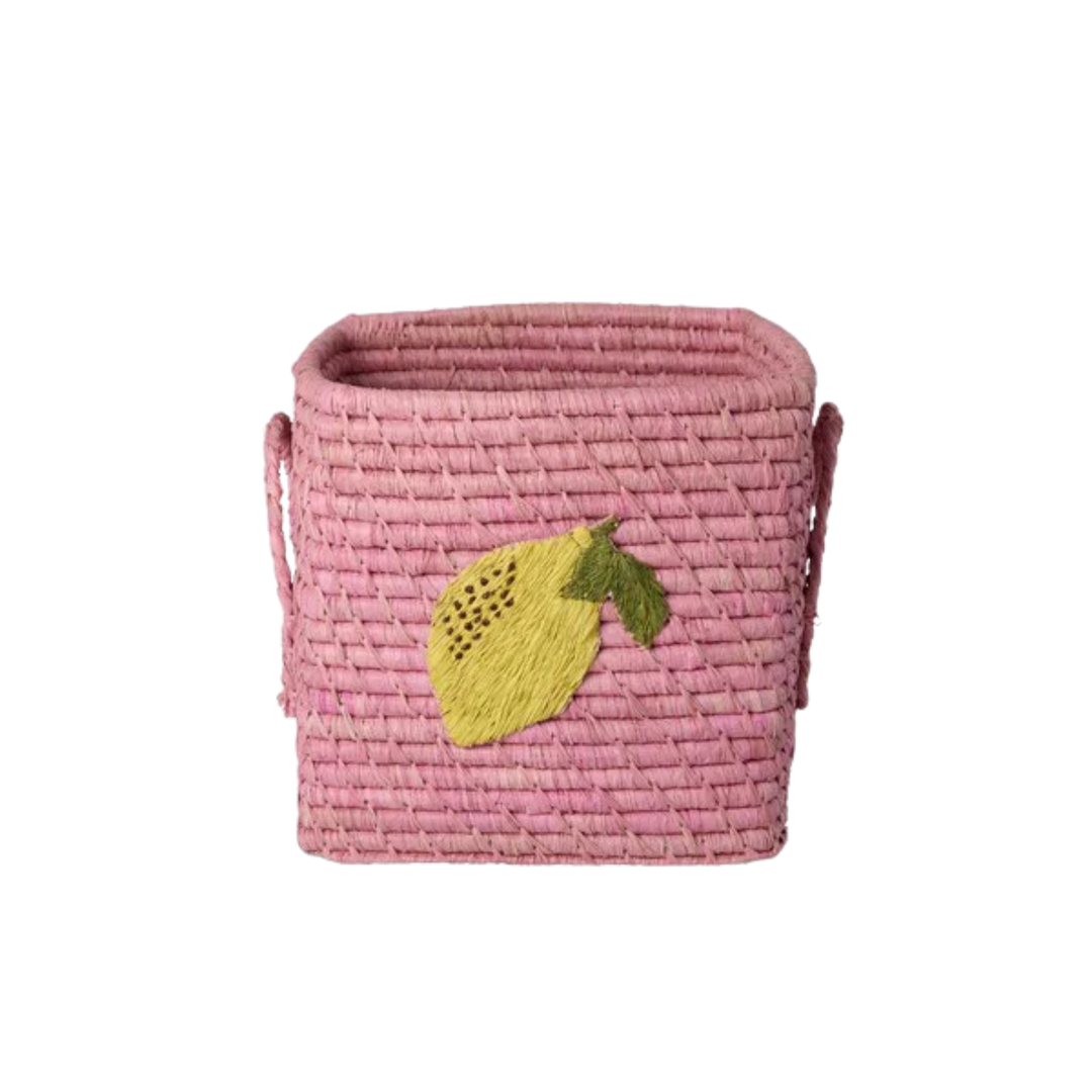 Small Square Raffia Basket - Rose - Lemon - Rice By Rice