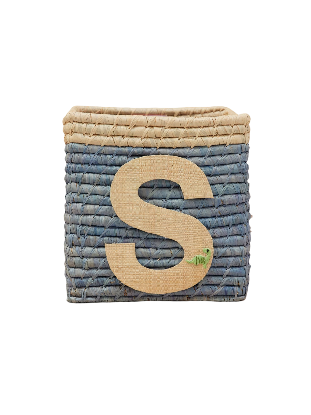 Raffia Basket in Blue with Nature Border with One Raffia Letter - S - Rice By Rice