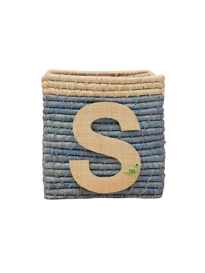 Raffia Basket in Blue with Nature Border with One Raffia Letter - S - Rice By Rice