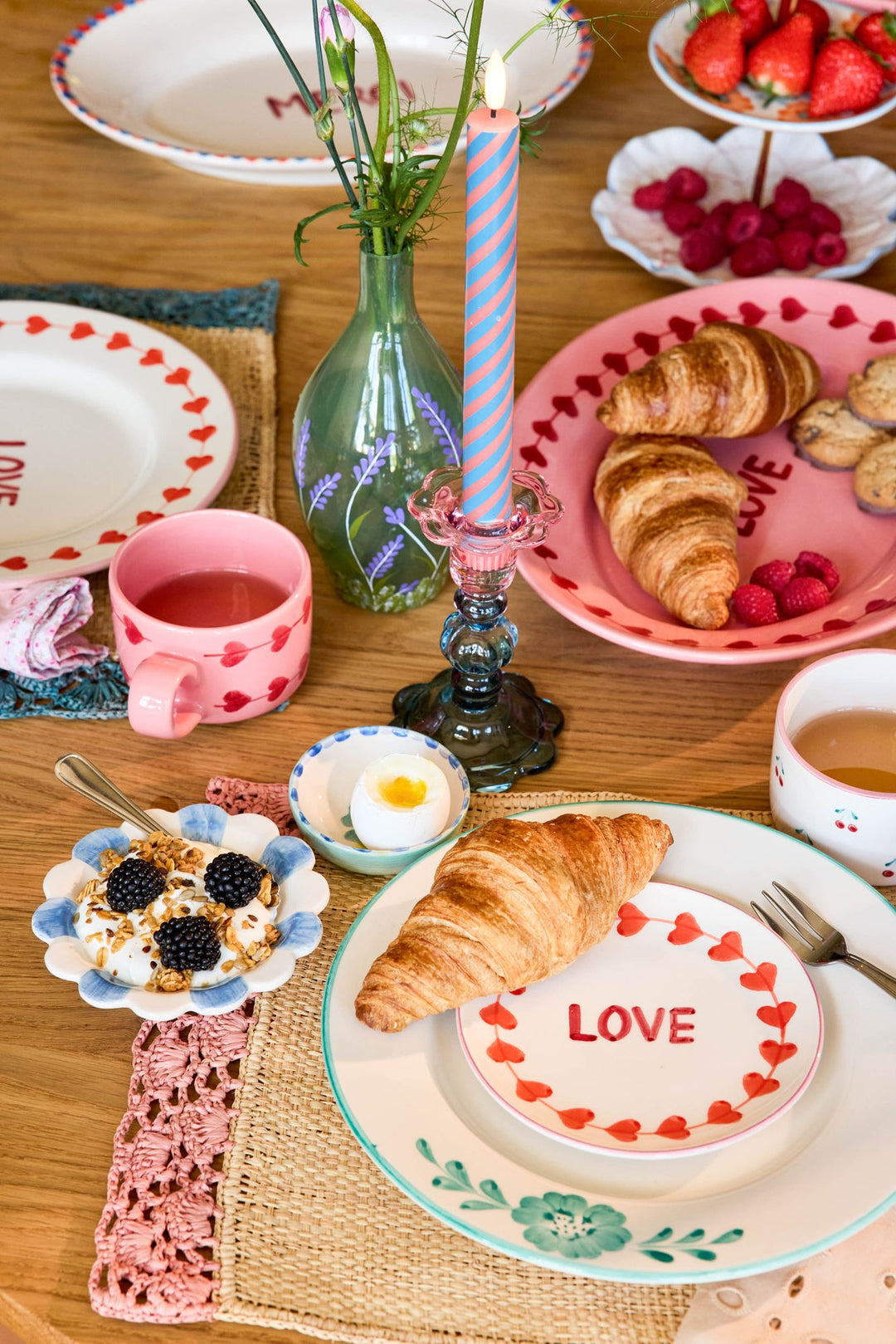 Ceramic Flower Dipping Bowl with Blue Hand Painted Stripes - Rice By Rice