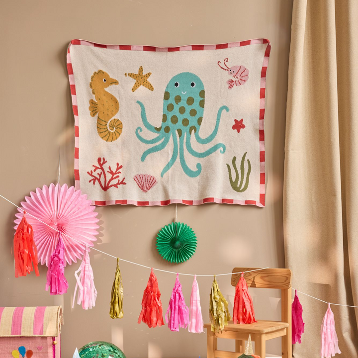 Cotton Baby Blanket - Coral - Ocean Design - Rice By Rice