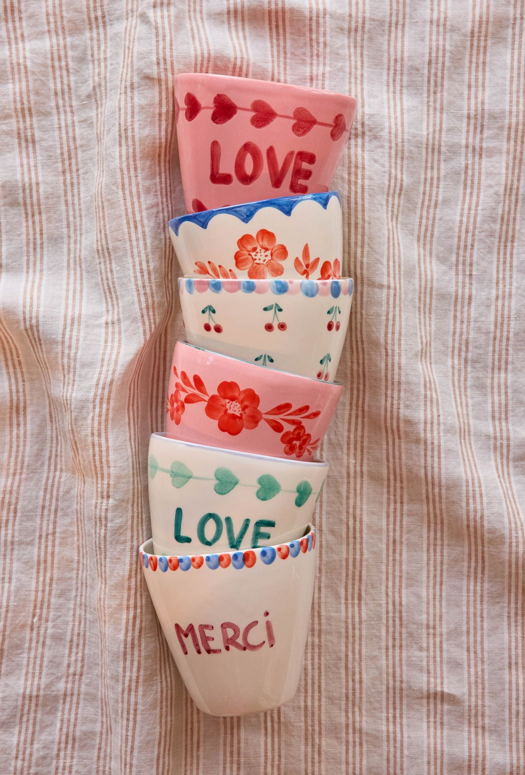 Ceramic Oval Cup with Hand Painted Merci - 10.1 oz - Rice By Rice