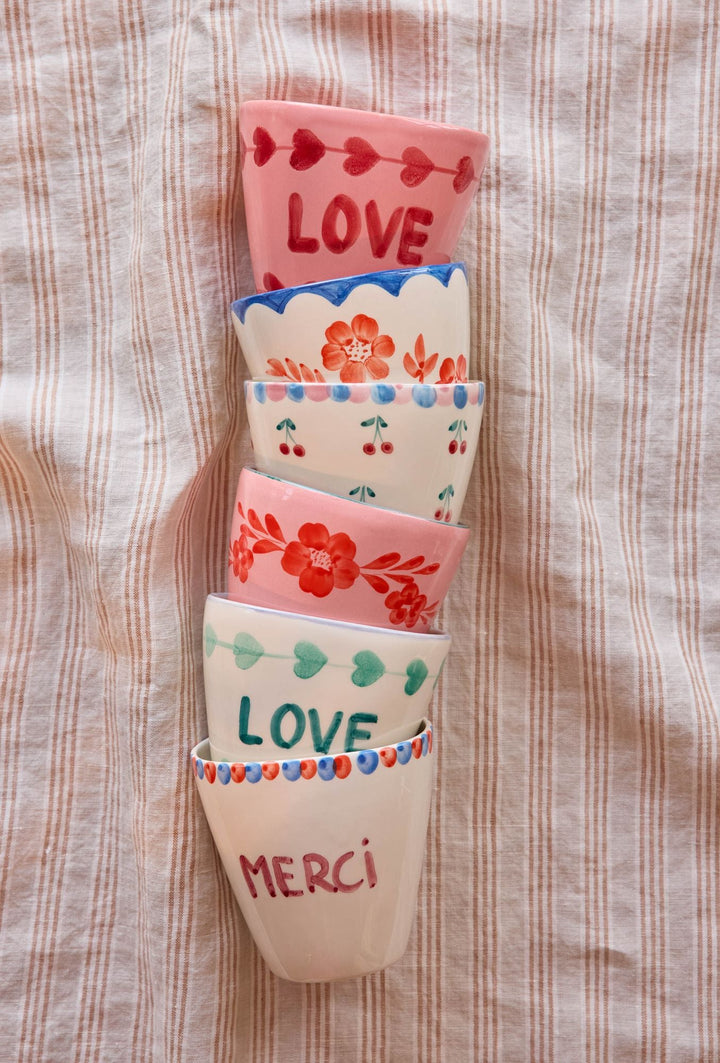 Ceramic Oval Cup with Hand Painted Merci - 10.1 oz - Rice By Rice